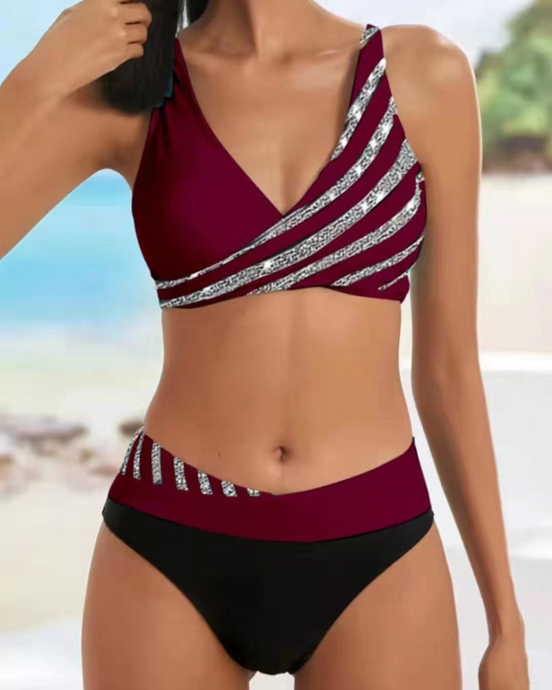 Stylish striped bikini set with a trendy print
