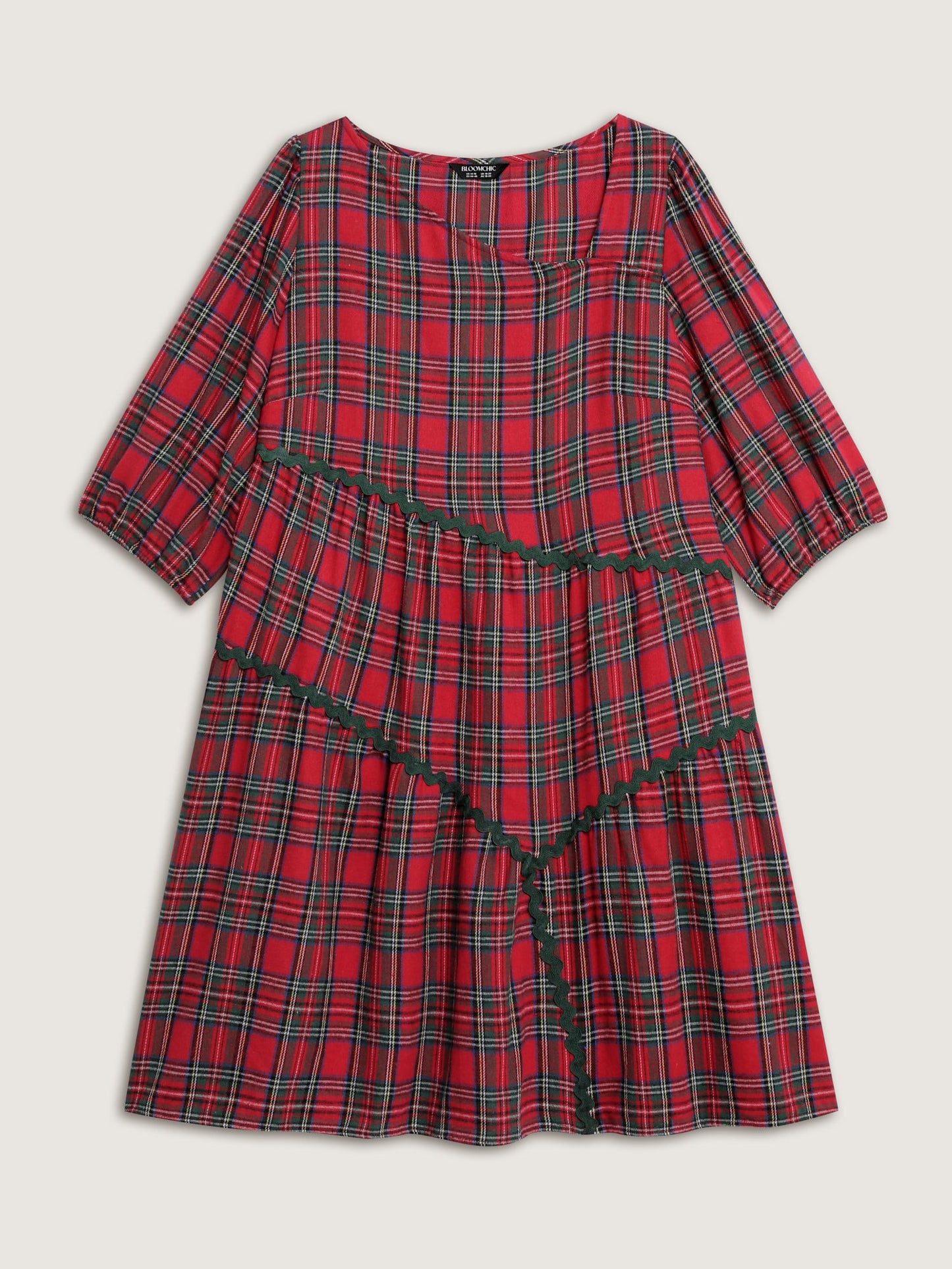 Festive Plaid Wavy Trim Midi Dress