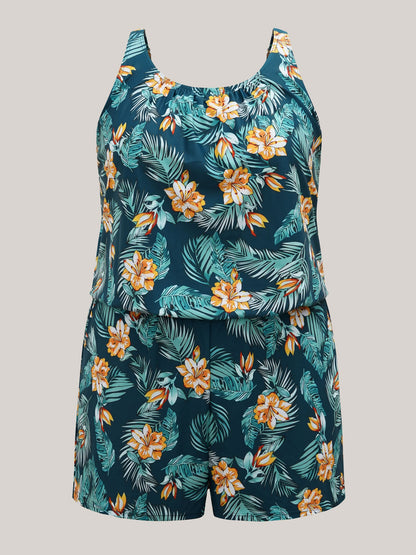 Tropical Flower Print Pockets One-Piece Swimsuit