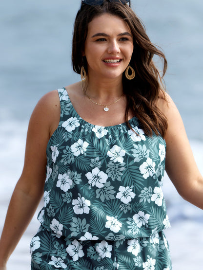 Tropical Flower Print Pockets One-Piece Swimsuit