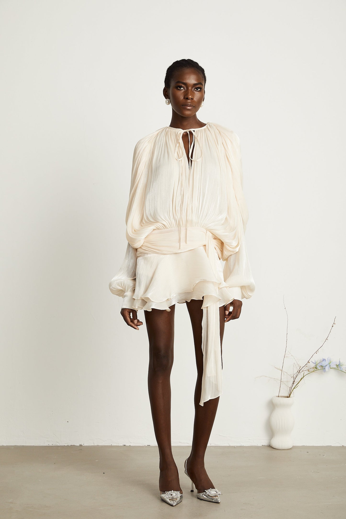 Eugenie Neutral Fully Pleated Ruffled Mini Dress