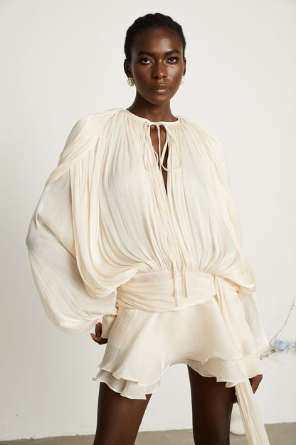 Eugenie Neutral Fully Pleated Ruffled Mini Dress