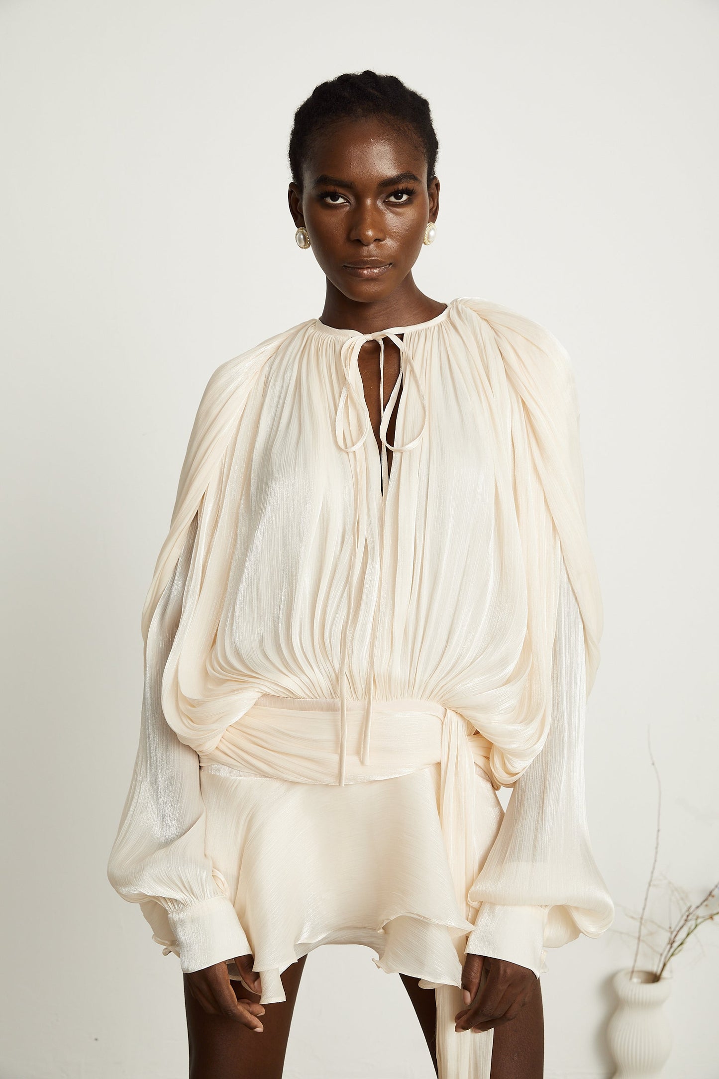 Eugenie Neutral Fully Pleated Ruffled Mini Dress