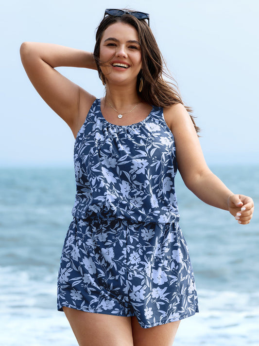 Tropical Flower Print Pockets One-Piece Swimsuit