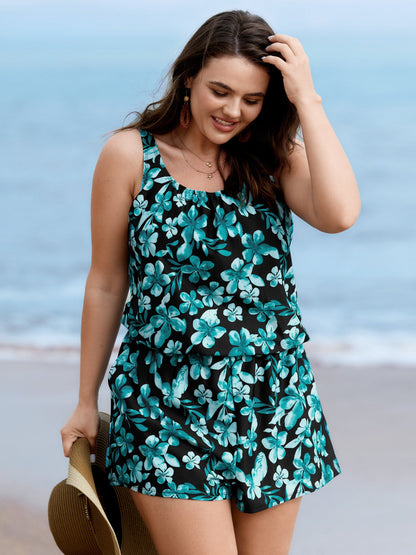 Tropical Flower Print Pockets One-Piece Swimsuit