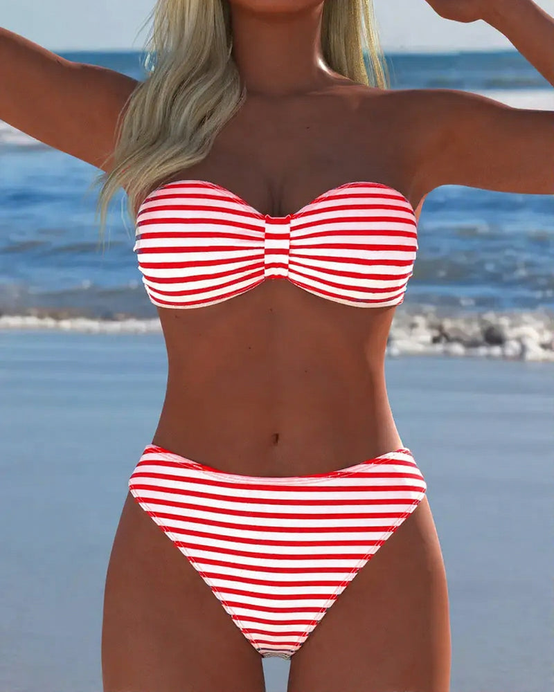 Striped two-piece swimsuit with triangle top and high-waisted bottom