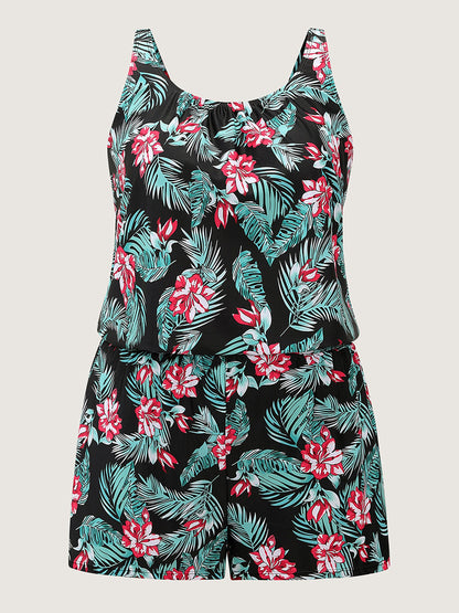 Tropical Flower Print Pockets One-Piece Swimsuit