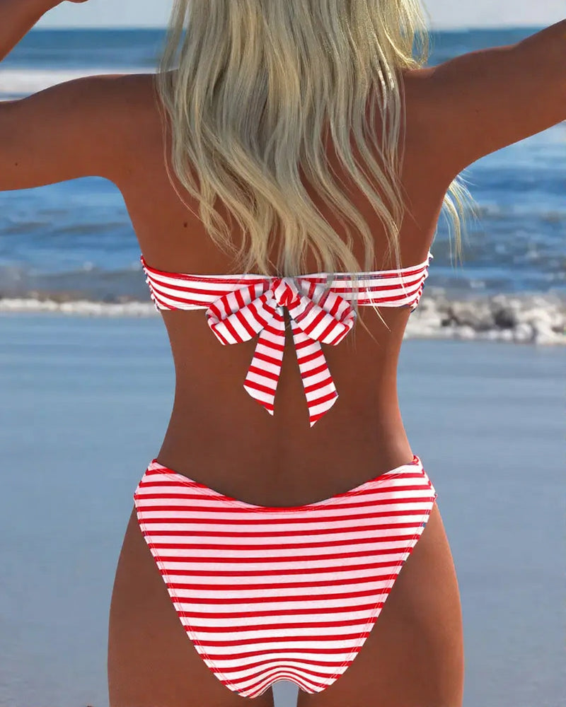 Striped two-piece swimsuit with triangle top and high-waisted bottom