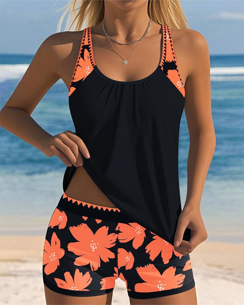 Stylish Tankini – U-neck, Sleeveless, and Printed in Boxer Pink