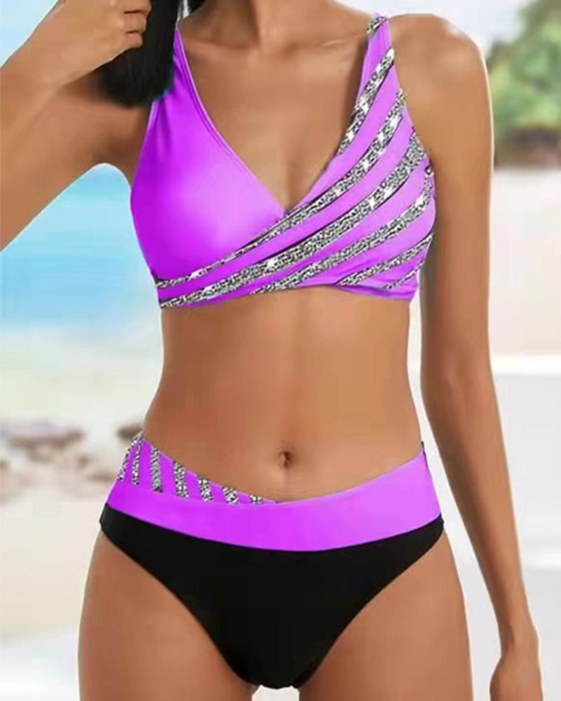 Stylish striped bikini set with a trendy print