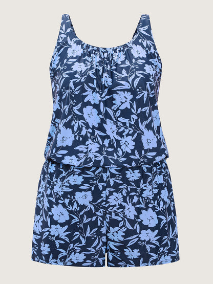 Tropical Flower Print Pockets One-Piece Swimsuit