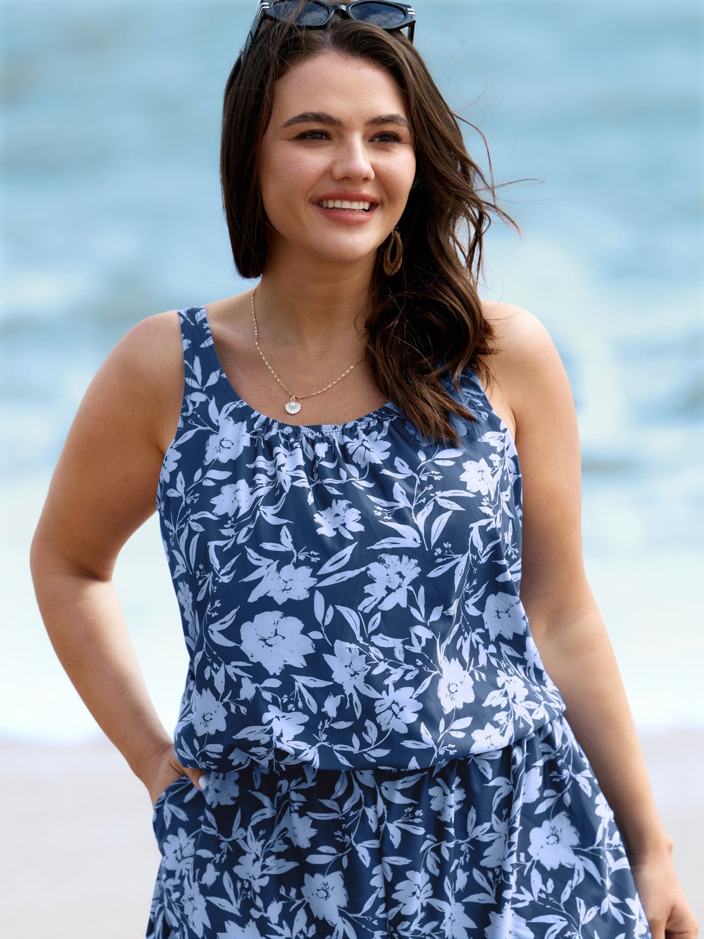 Tropical Flower Print Pockets One-Piece Swimsuit