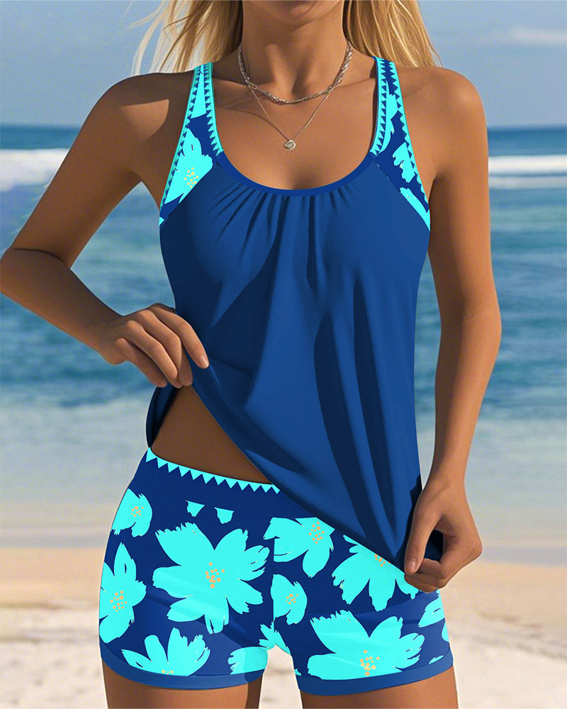 Stylish Tankini – U-neck, Sleeveless, and Printed in Boxer Pink