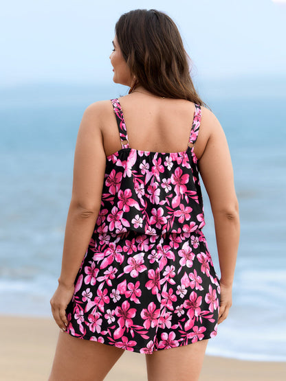 Tropical Flower Print Pockets One-Piece Swimsuit