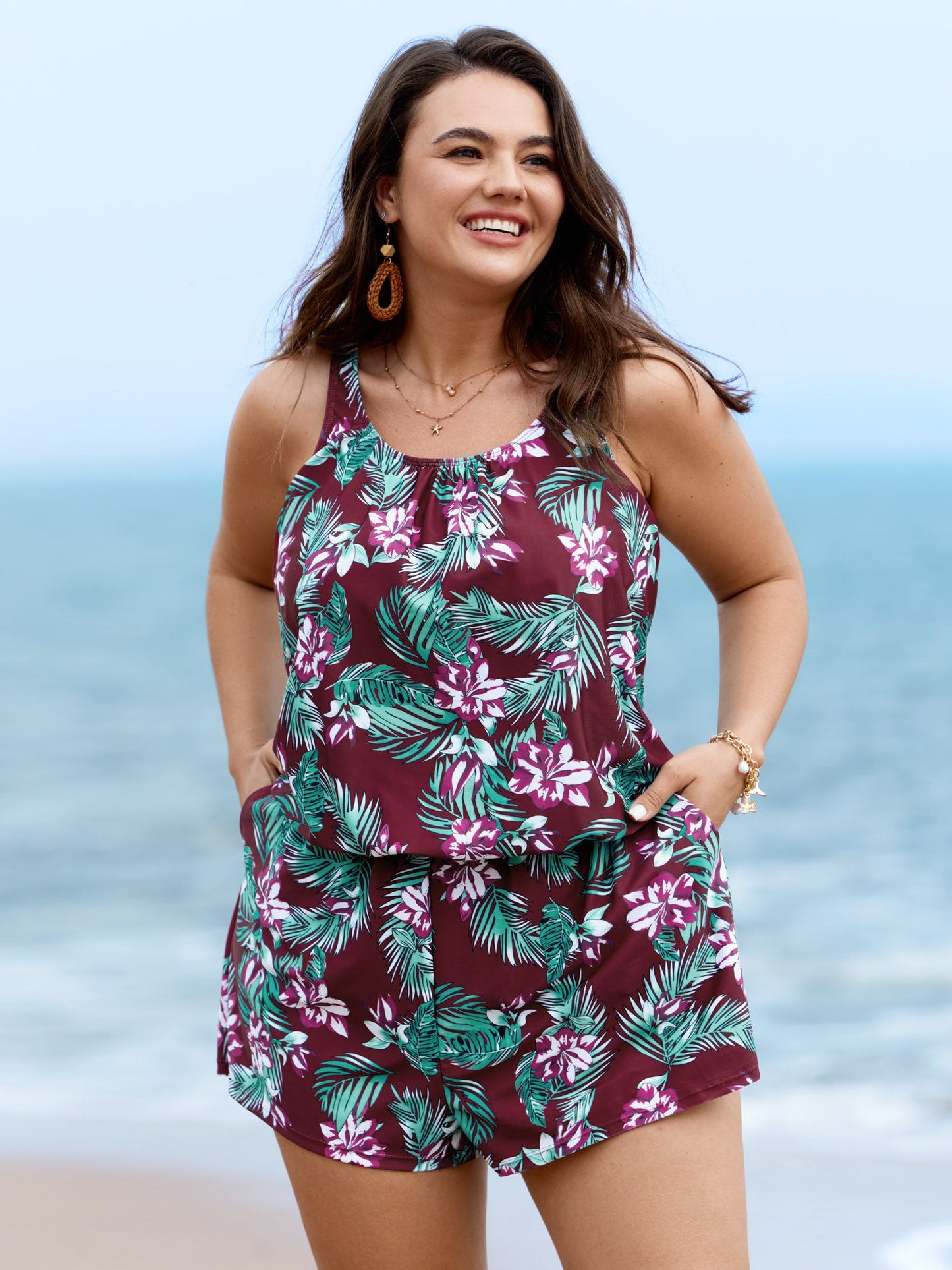 Tropical Flower Print Pockets One-Piece Swimsuit