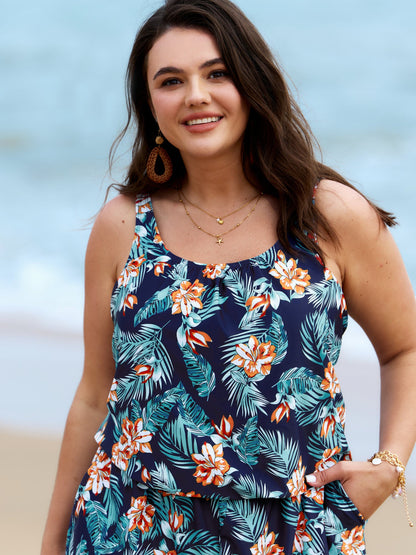 Tropical Flower Print Pockets One-Piece Swimsuit