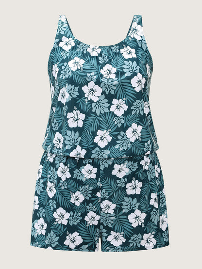 Tropical Flower Print Pockets One-Piece Swimsuit