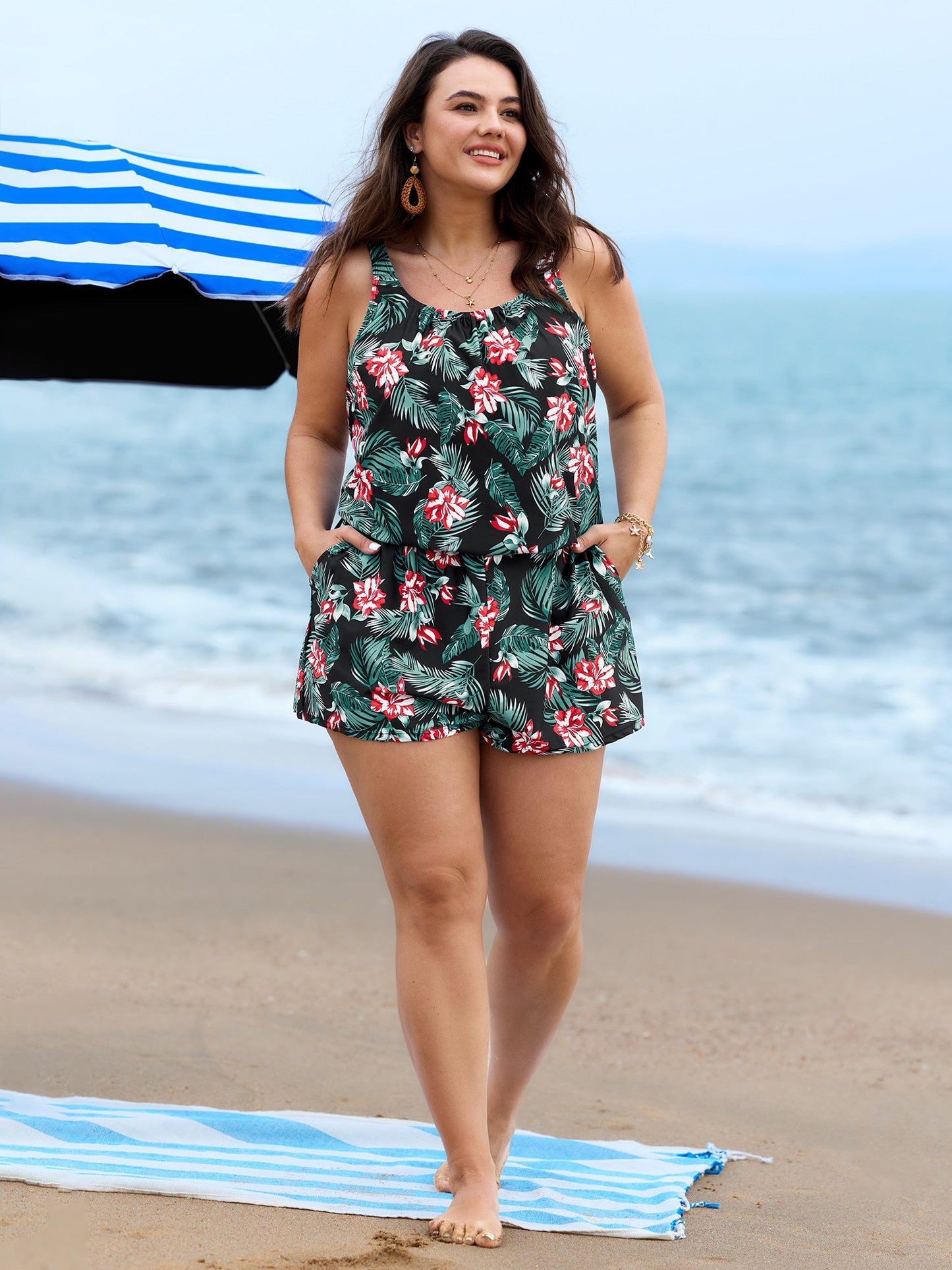 Tropical Flower Print Pockets One-Piece Swimsuit