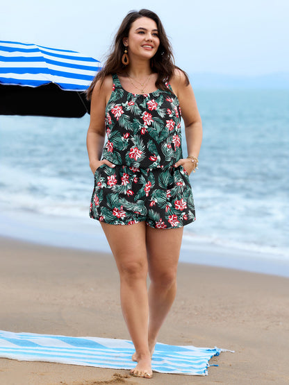 Tropical Flower Print Pockets One-Piece Swimsuit