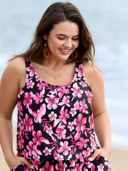 Tropical Flower Print Pockets One-Piece Swimsuit