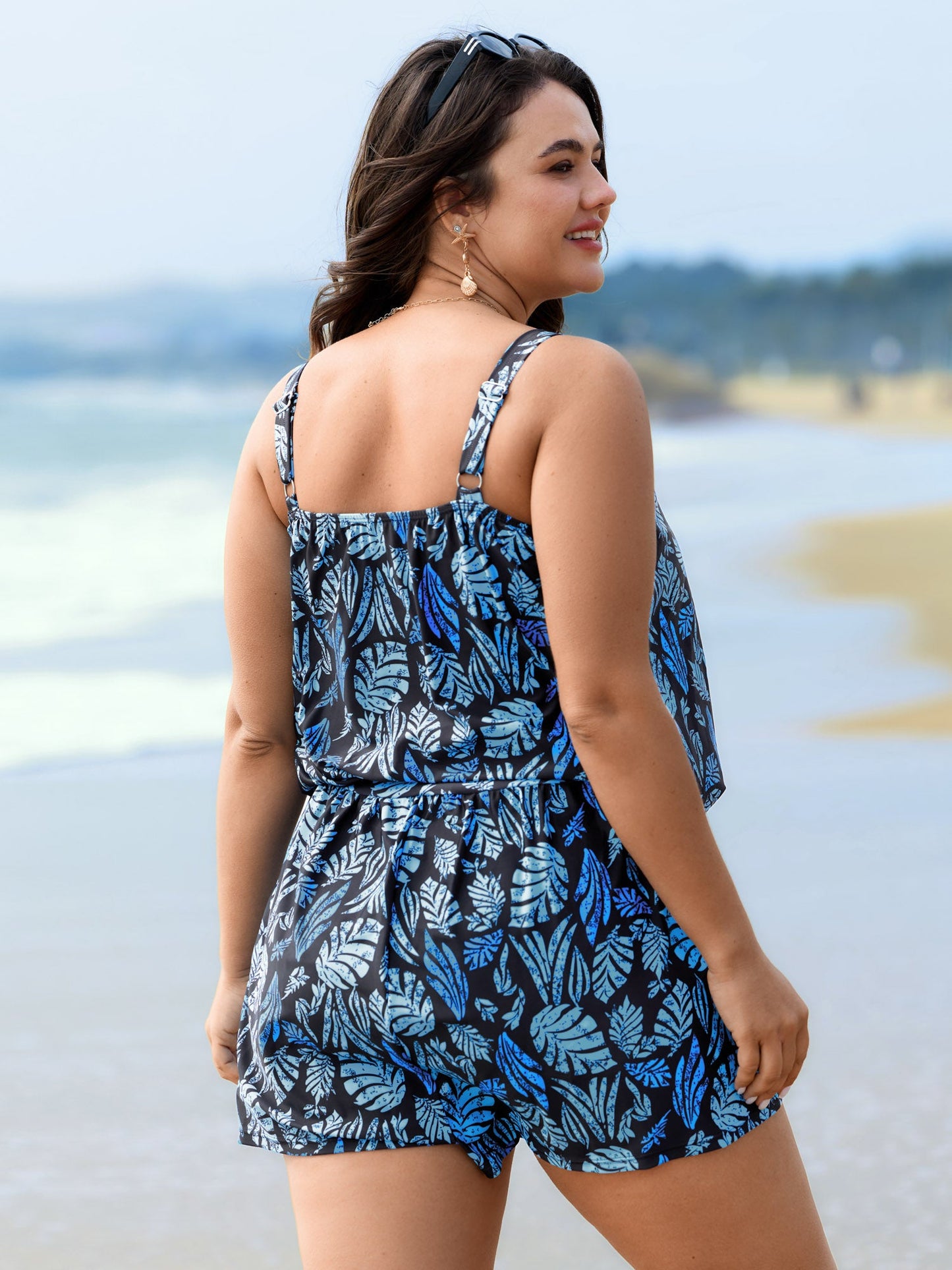 Tropical Flower Print Pockets One-Piece Swimsuit