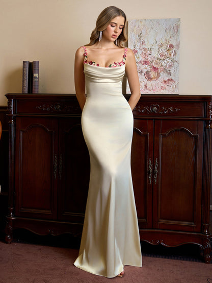 Embellished Strap Tie Back Satin Bodycon Dress