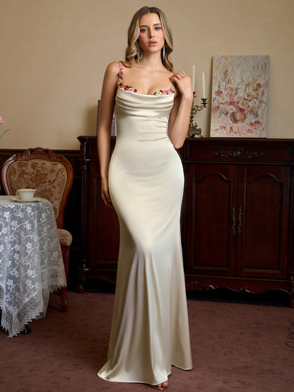 Embellished Strap Tie Back Satin Bodycon Dress