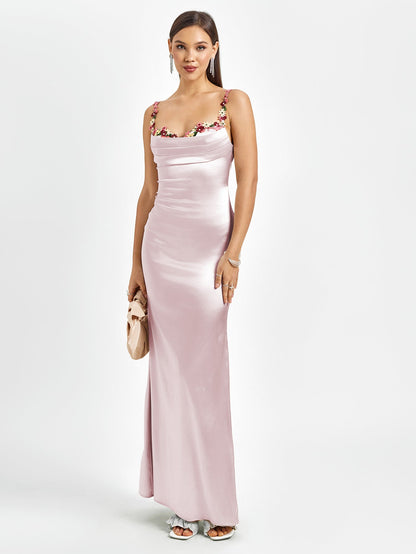 Embellished Strap Tie Back Satin Bodycon Dress