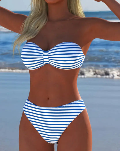 Striped two-piece swimsuit with triangle top and high-waisted bottom