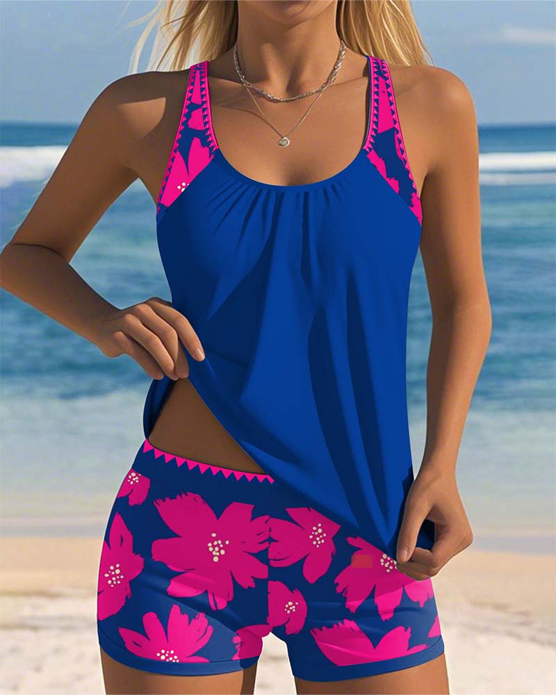 Stylish Tankini – U-neck, Sleeveless, and Printed in Boxer Pink